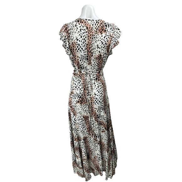 Kivari White Tan Leopard Print Short Sleeve Ruffle Fit & Flare Maxi Dress Size S - Picture 2 of 4